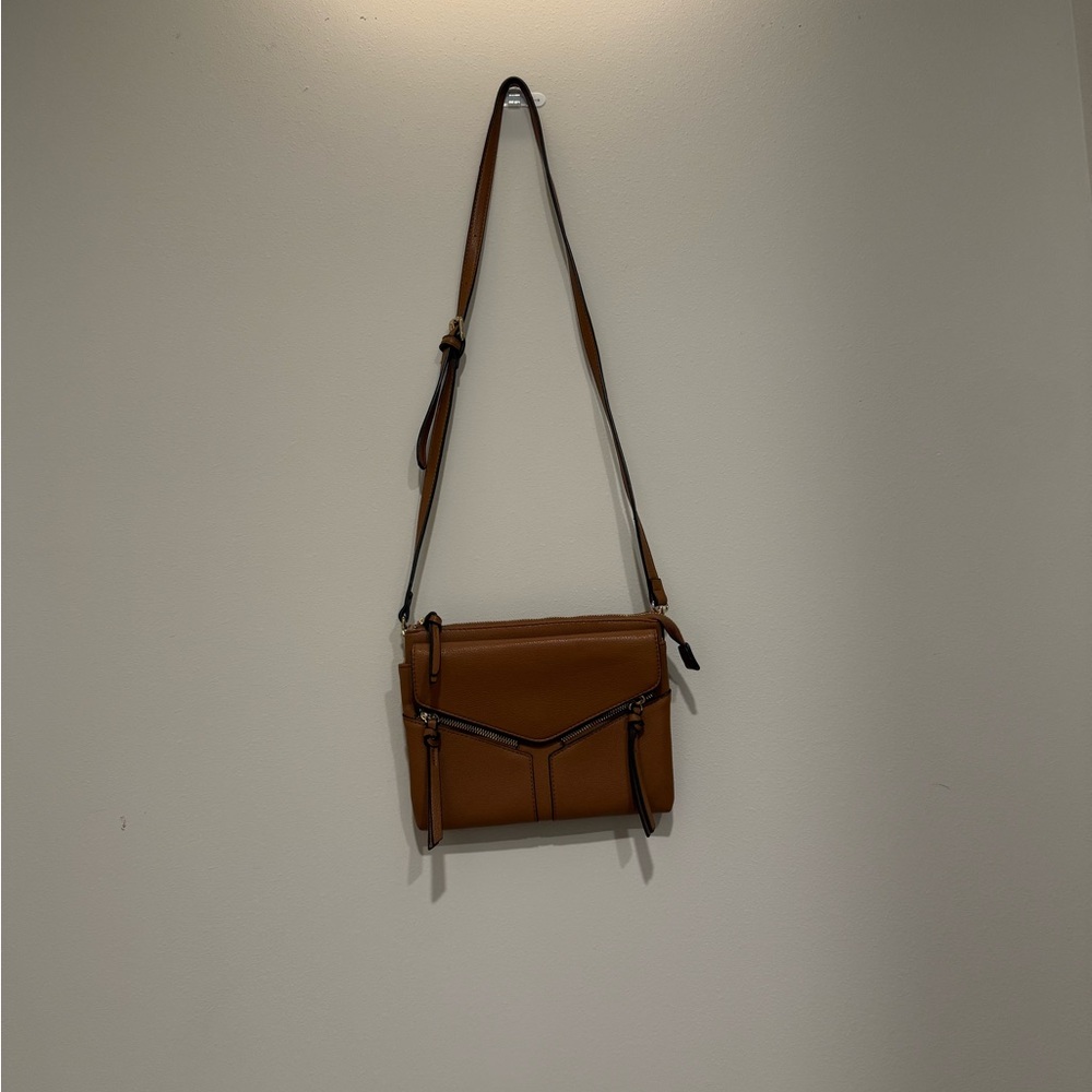 Cognac Brown Crossbody Bag Double Zip Structured Purse Trendy